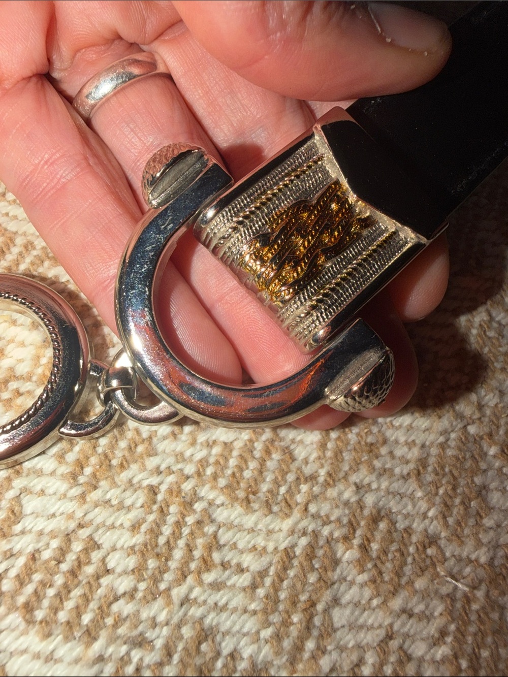 Etienne Aigner Women's Black Leather Chain Accent Belt with Silver Hardware